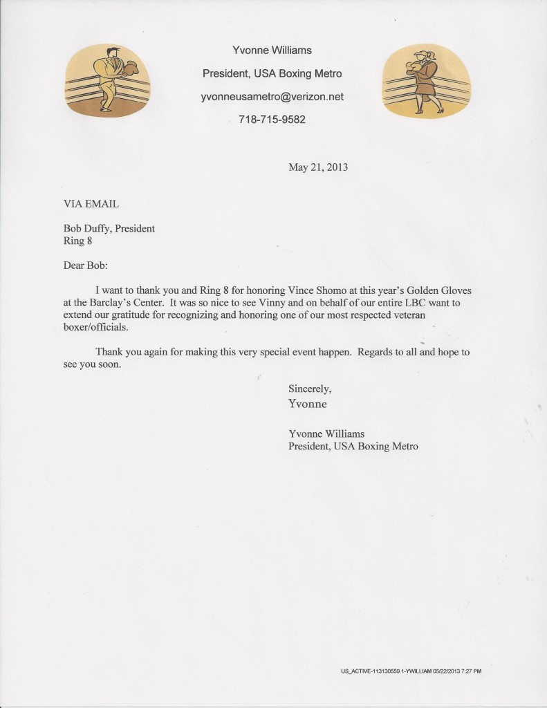 Yvonne Williams Letter to Ring 8